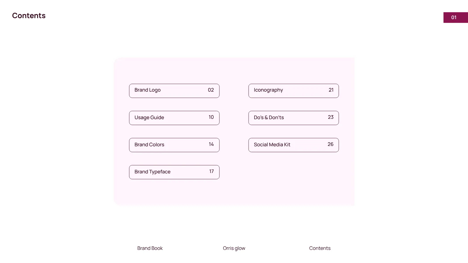 Orris Glow Brand Guidelines presentation, page 2 of 32