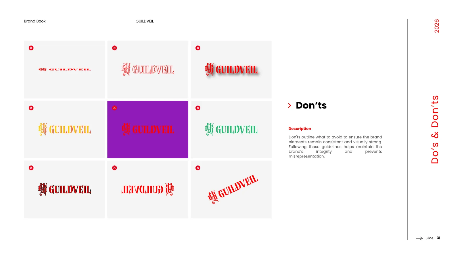 GUILDVEIL Brand Guidelines presentation, page 32 of 36