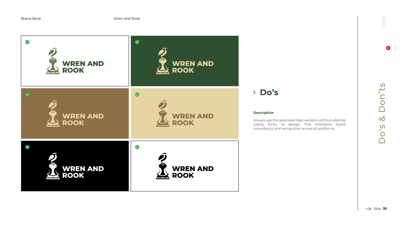 Wren and Rook Brand Guidelines presentation, page 34 of 38
